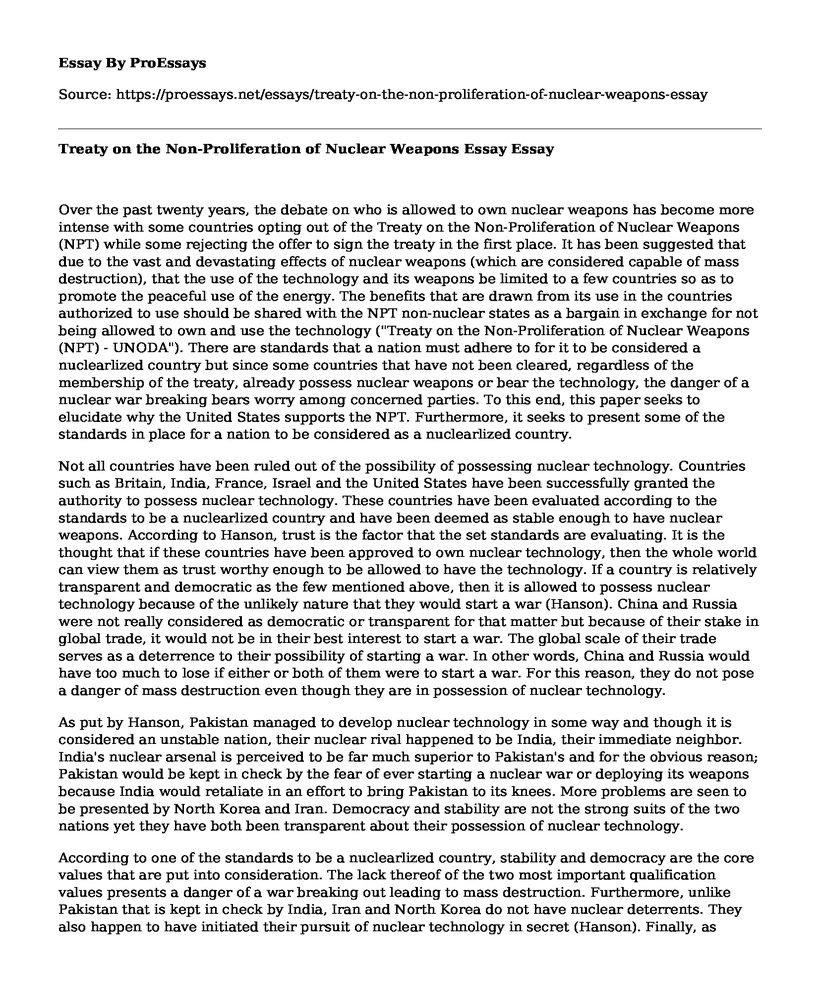 Treaty on the Non-Proliferation of Nuclear Weapons Essay
