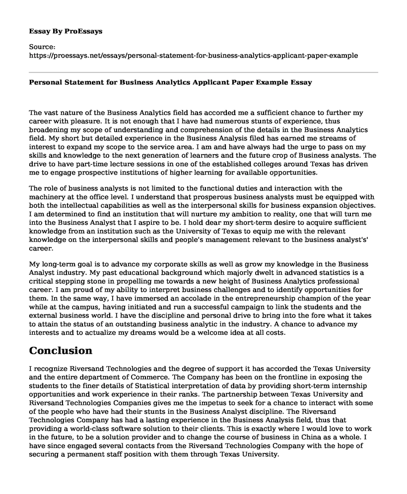 Personal Statement for Business Analytics Applicant Paper Example