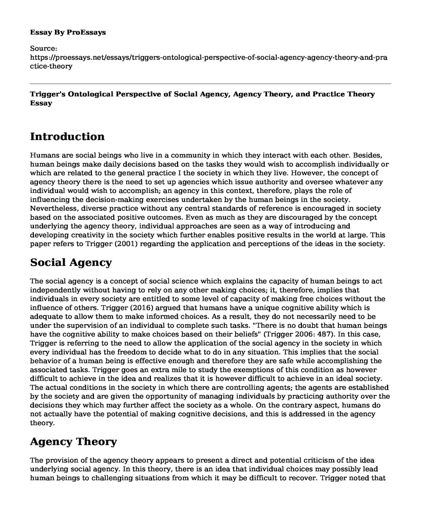 Trigger's Ontological Perspective of Social Agency, Agency Theory, and Practice Theory