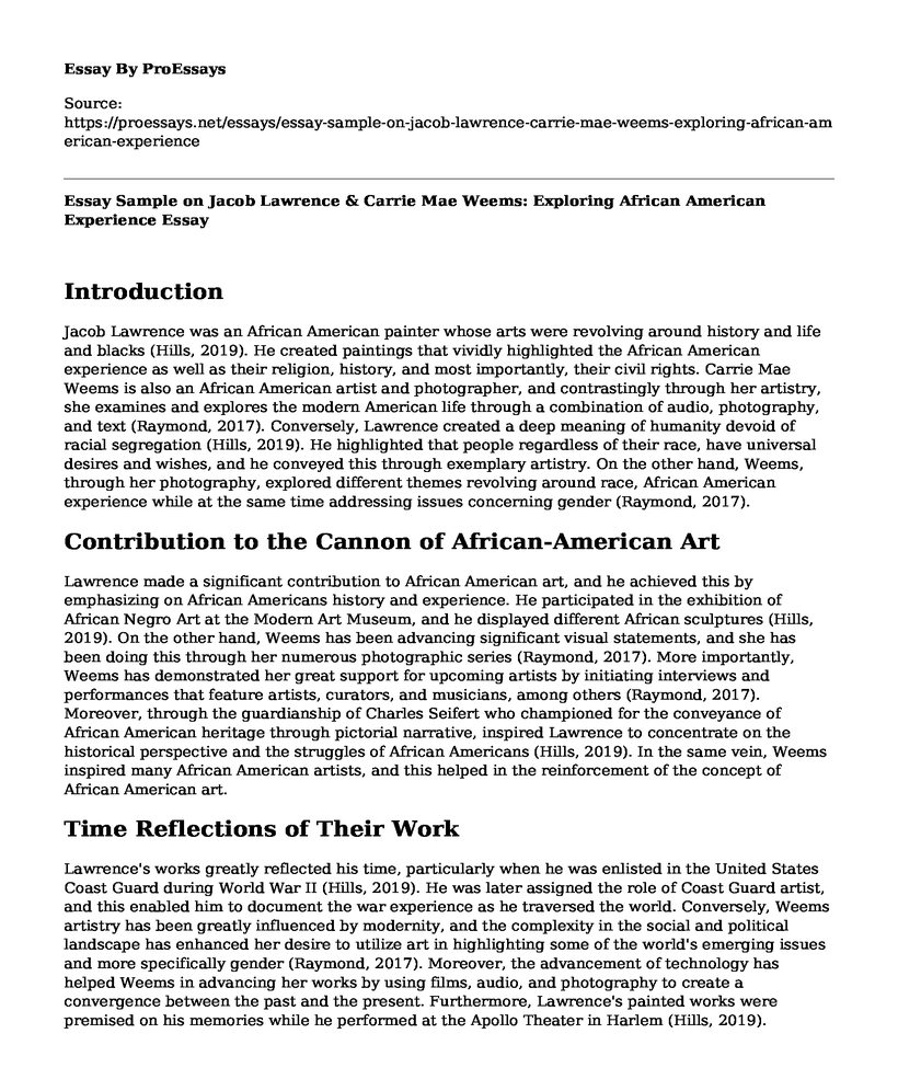 Essay Sample on Jacob Lawrence & Carrie Mae Weems: Exploring African American Experience