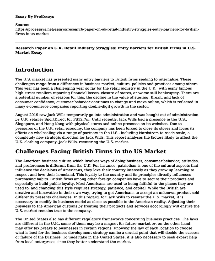 Research Paper on U.K. Retail Industry Struggles: Entry Barriers for British Firms in U.S. Market