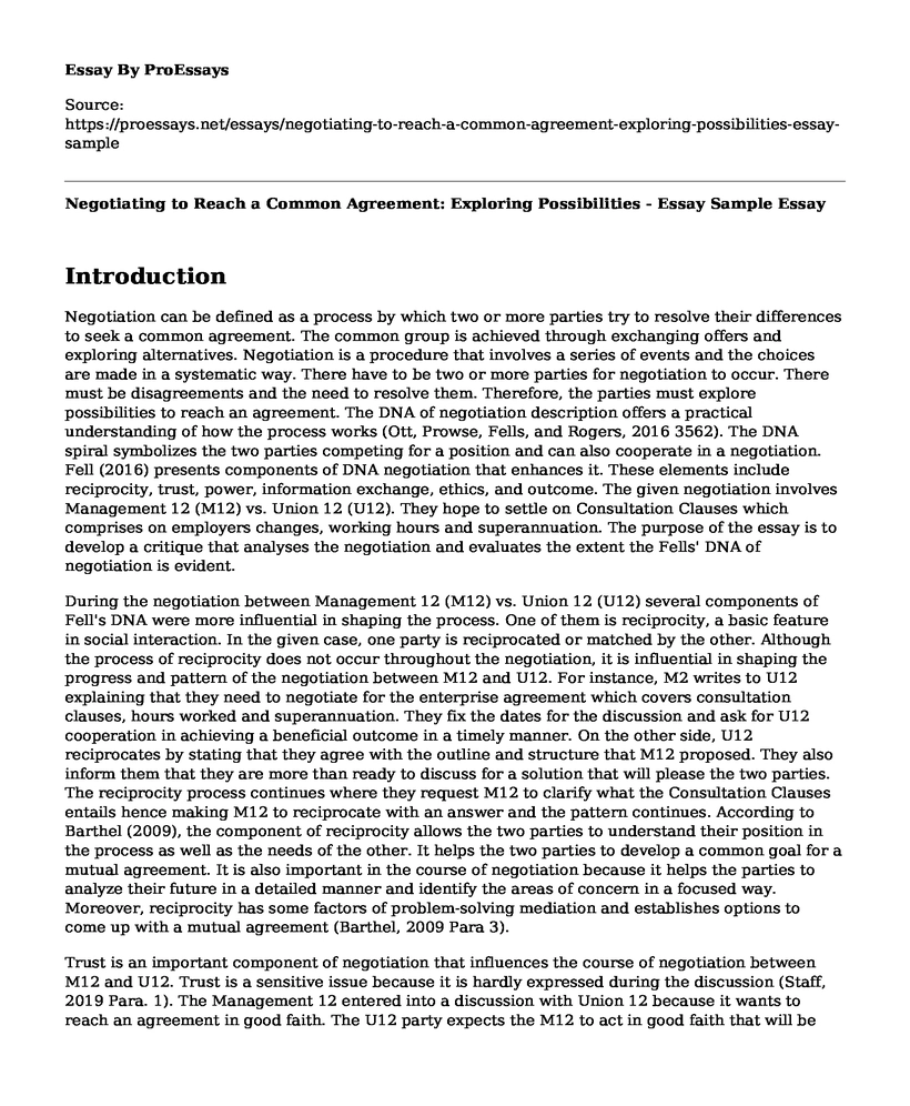 Negotiating to Reach a Common Agreement: Exploring Possibilities - Essay Sample