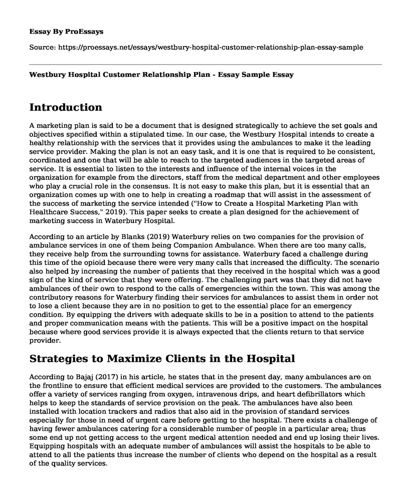Westbury Hospital Customer Relationship Plan - Essay Sample