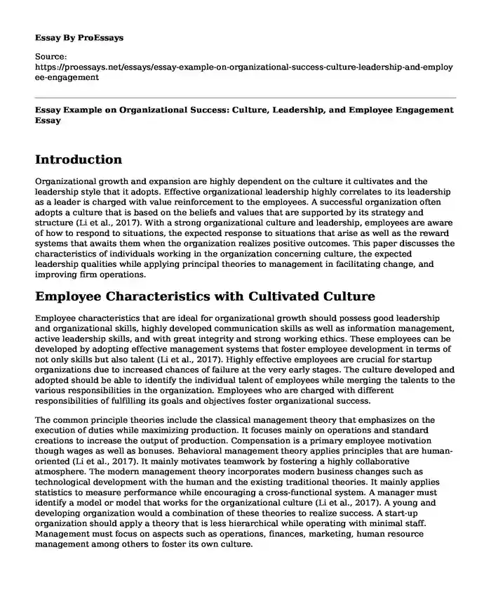 Essay Example on Organizational Success: Culture, Leadership, and Employee Engagement