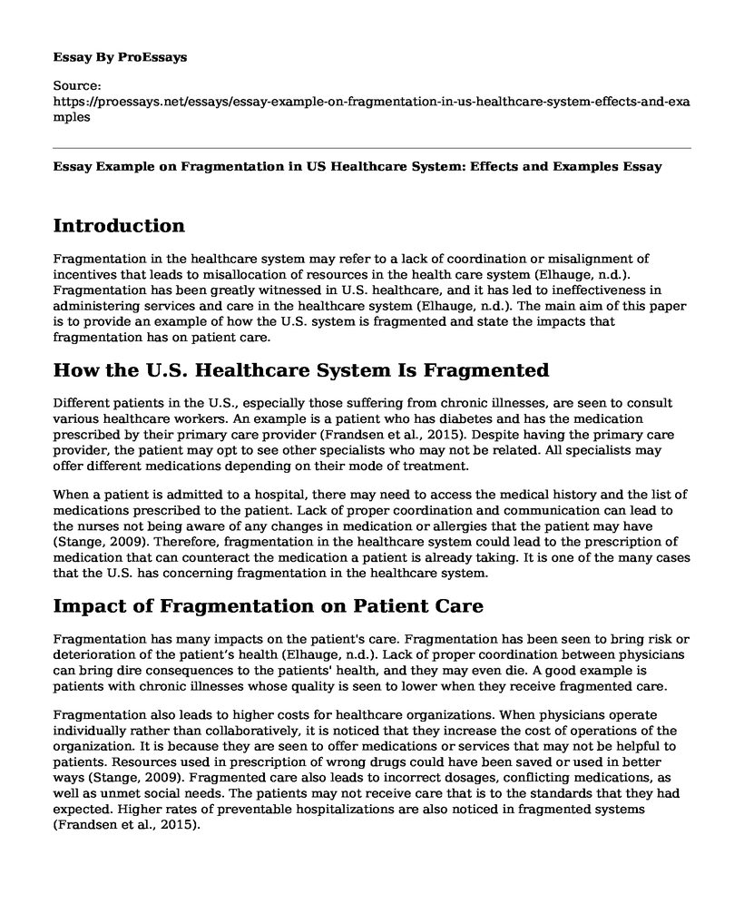 Essay Example on Fragmentation in US Healthcare System: Effects and Examples