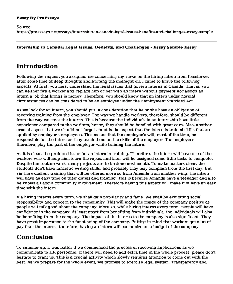 Internship in Canada: Legal Issues, Benefits, and Challenges - Essay Sample