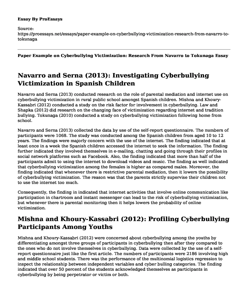 Paper Example on Cyberbullying Victimization: Research From Navarro to Tokunaga