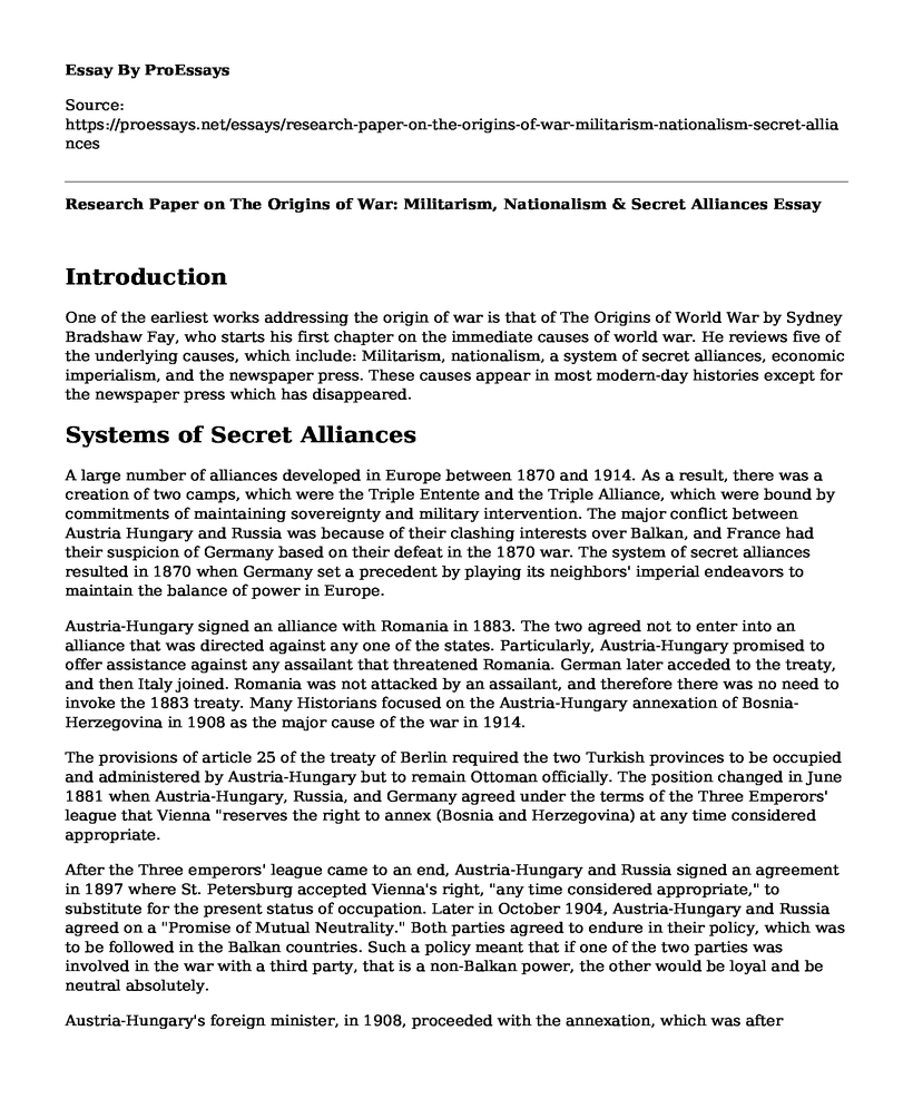 Research Paper on The Origins of War: Militarism, Nationalism & Secret Alliances