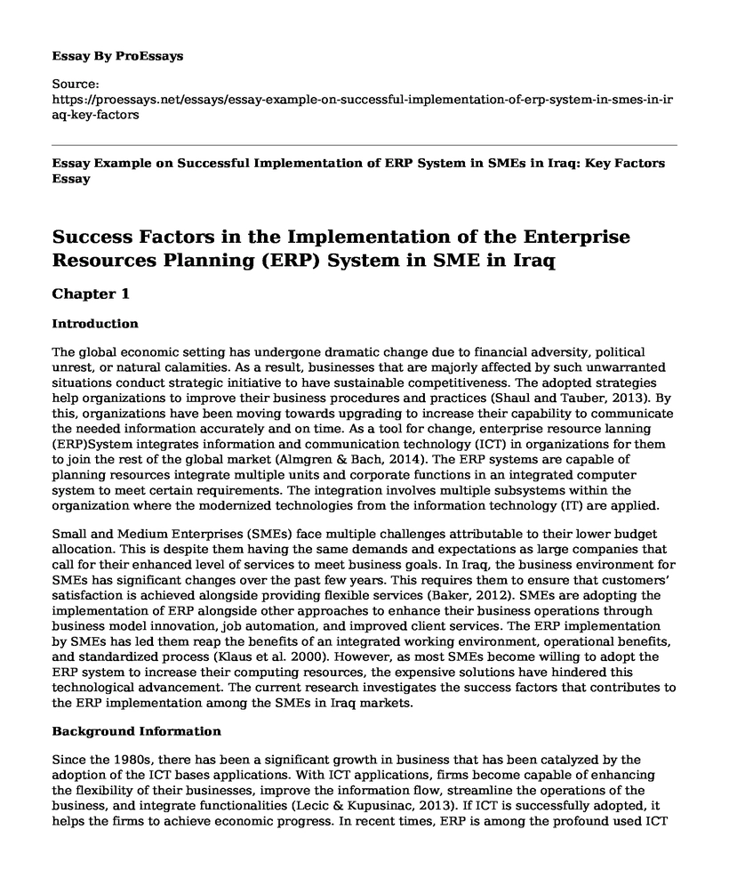 Essay Example on Successful Implementation of ERP System in SMEs in Iraq: Key Factors