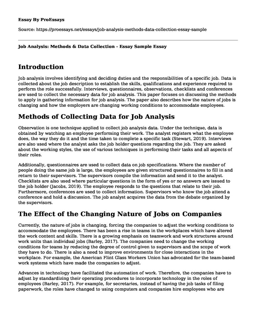 Job Analysis: Methods & Data Collection - Essay Sample