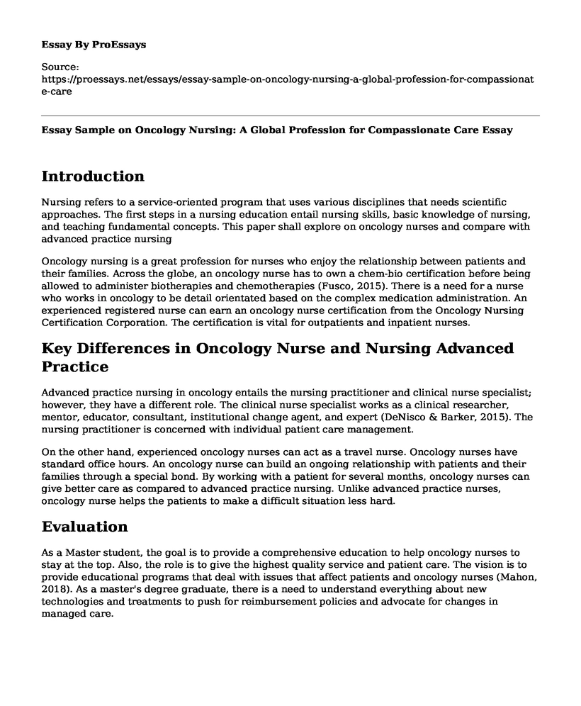 Essay Sample on Oncology Nursing: A Global Profession for Compassionate Care
