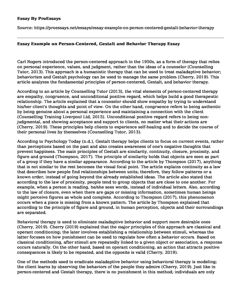 Essay Example on Person-Centered, Gestalt and Behavior Therapy