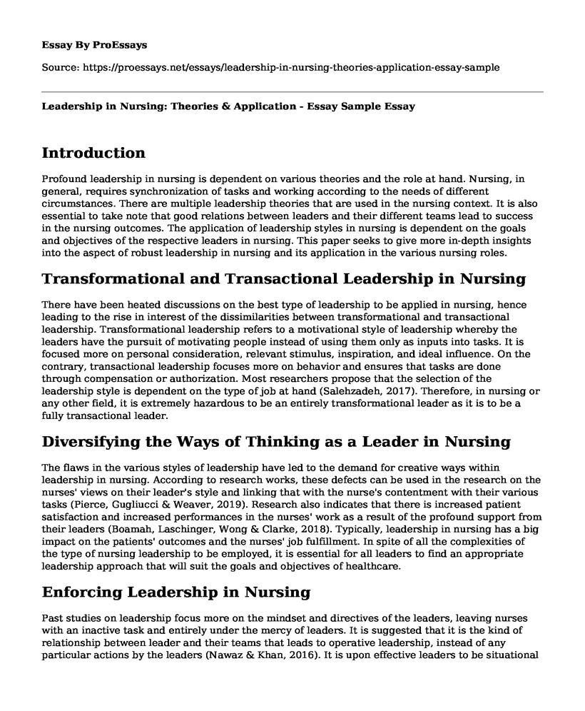 Leadership in Nursing: Theories & Application - Essay Sample