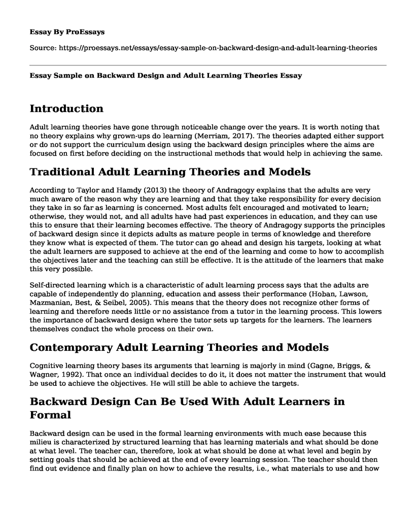 Essay Sample on Backward Design and Adult Learning Theories
