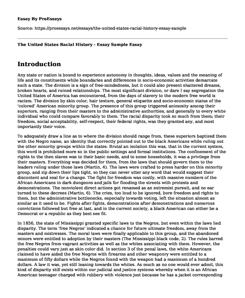 The United States Racial History - Essay Sample
