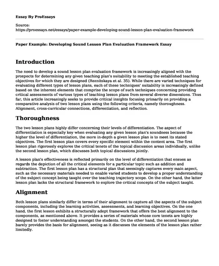 Paper Example: Developing Sound Lesson Plan Evaluation Framework