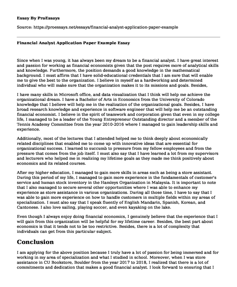 Financial Analyst Application Paper Example