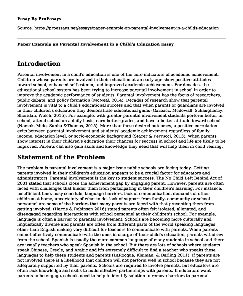 Paper Example on Parental Involvement in a Child's Education