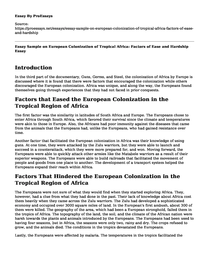 Essay Sample on European Colonization of Tropical Africa: Factors of Ease and Hardship