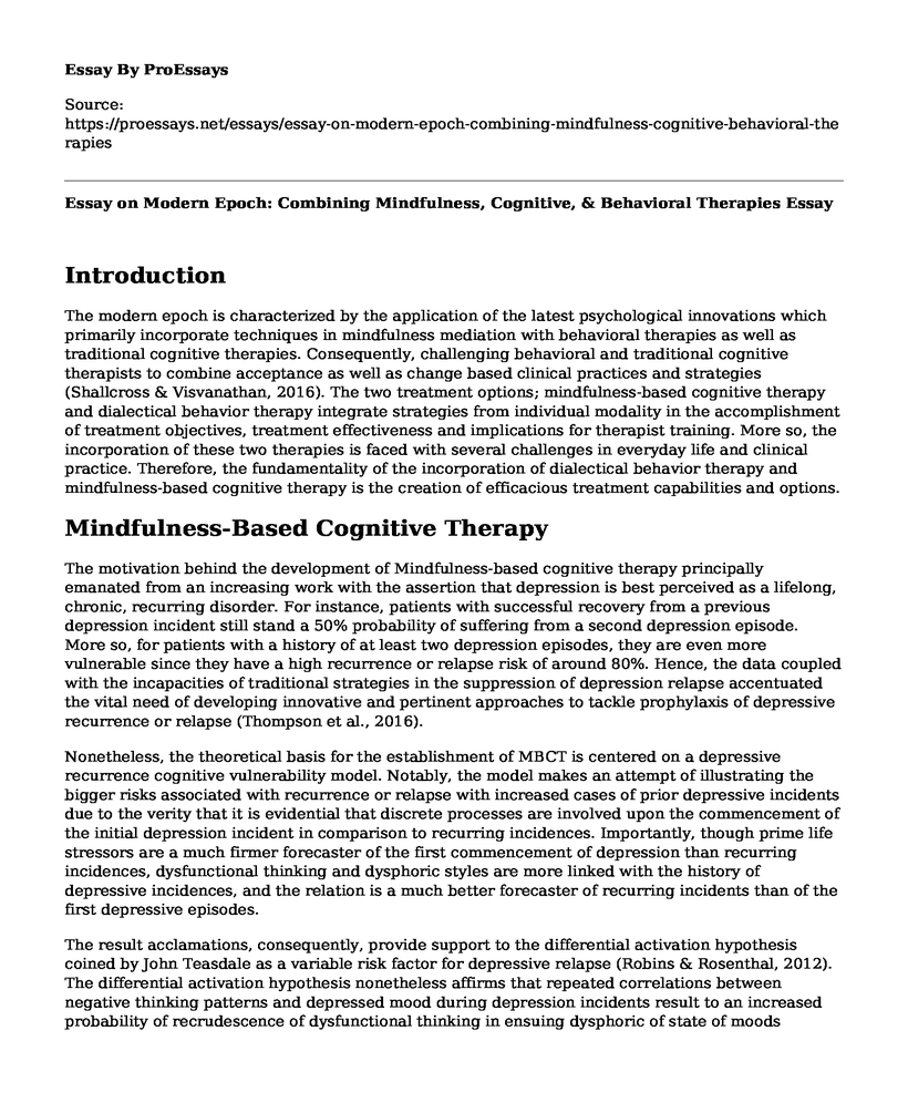 Essay on Modern Epoch: Combining Mindfulness, Cognitive, & Behavioral Therapies