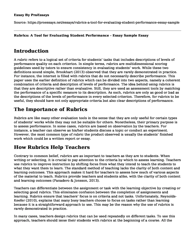 Rubrics: A Tool for Evaluating Student Performance - Essay Sample