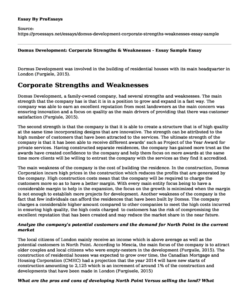 Domus Development: Corporate Strengths & Weaknesses - Essay Sample