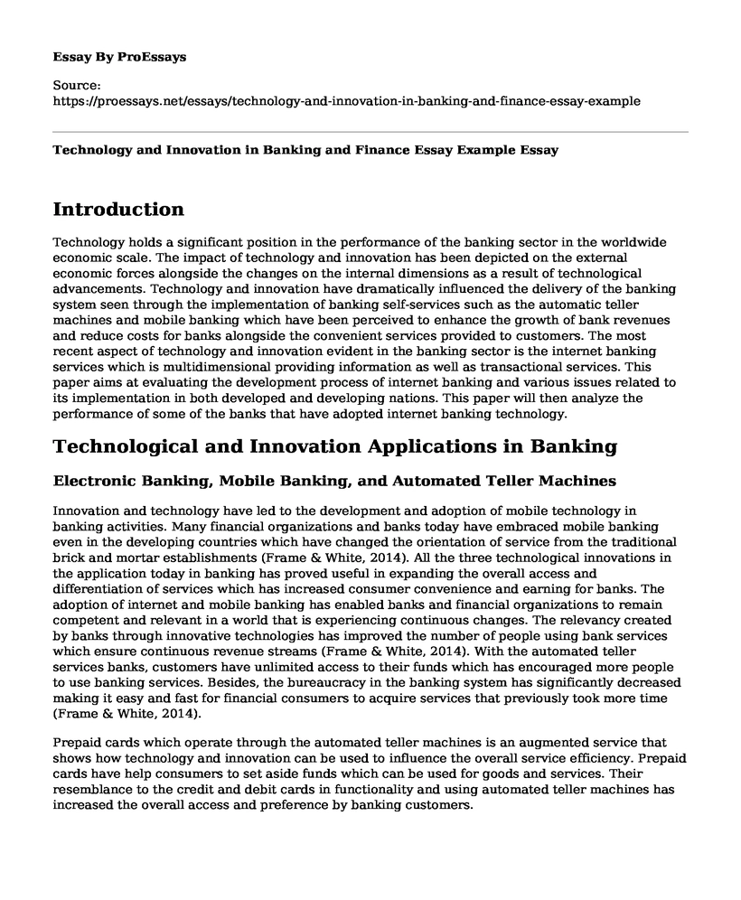 Technology and Innovation in Banking and Finance Essay Example