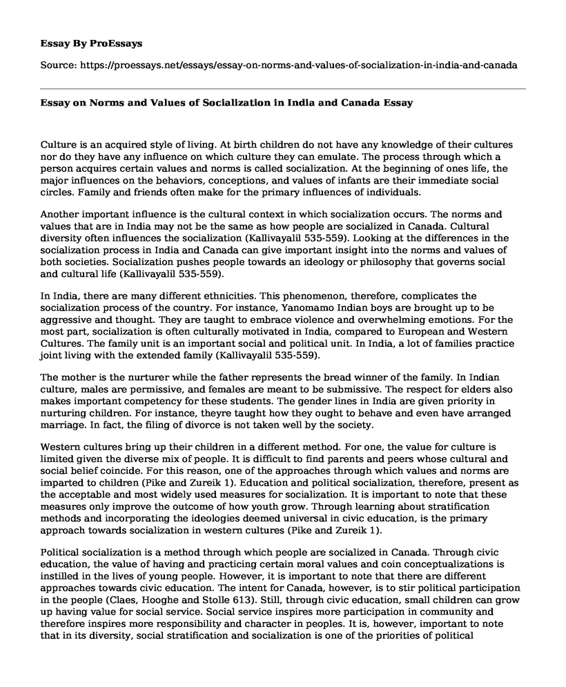 Essay on Norms and Values of Socialization in India and Canada