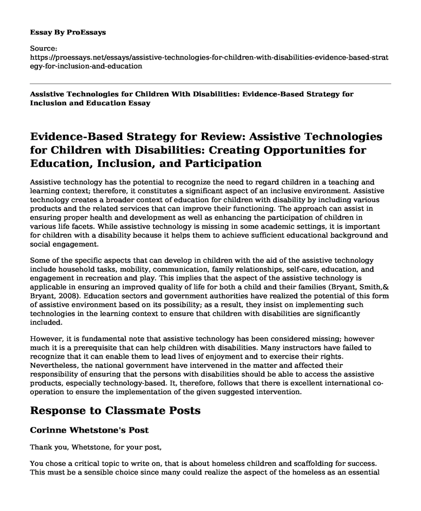 Assistive Technologies for Children With Disabilities: Evidence-Based Strategy for Inclusion and Education