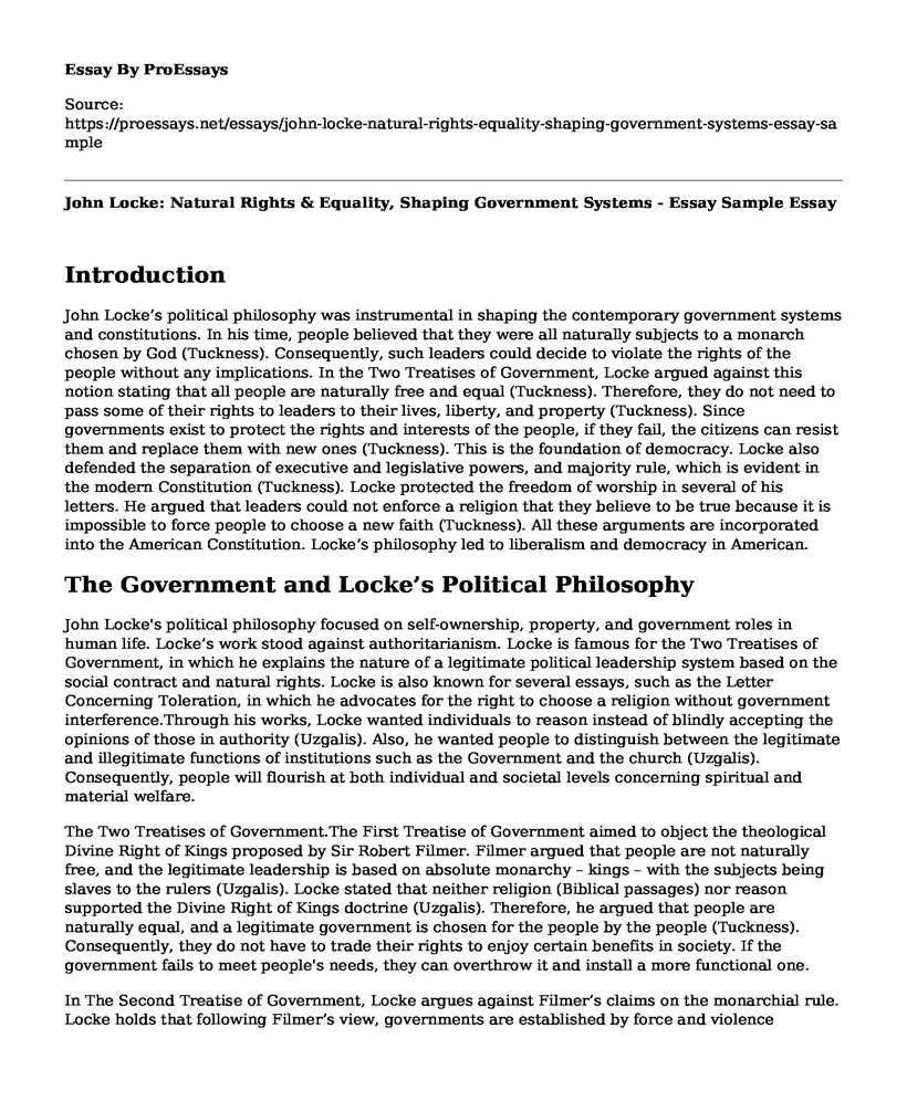 John Locke: Natural Rights & Equality, Shaping Government Systems - Essay Sample