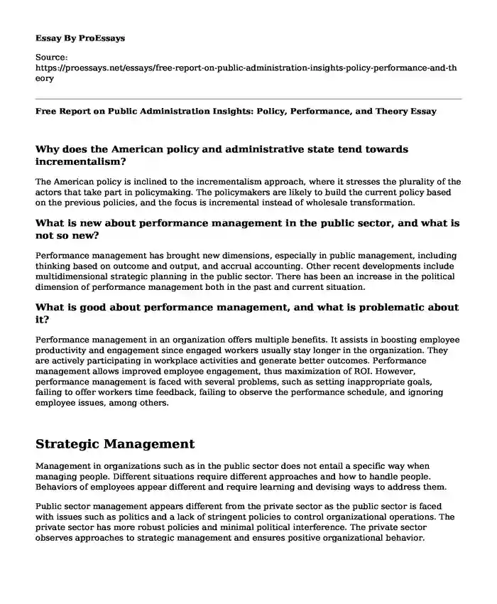 Free Report on Public Administration Insights: Policy, Performance, and Theory