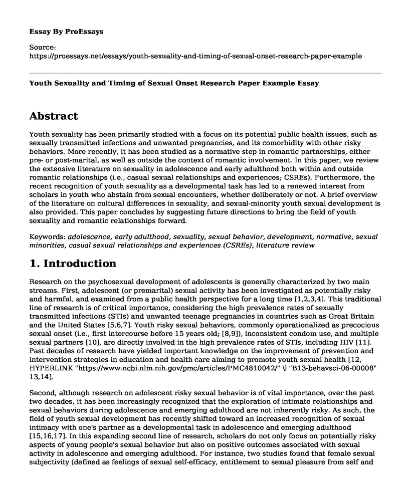 Youth Sexuality and Timing of Sexual Onset Research Paper Example