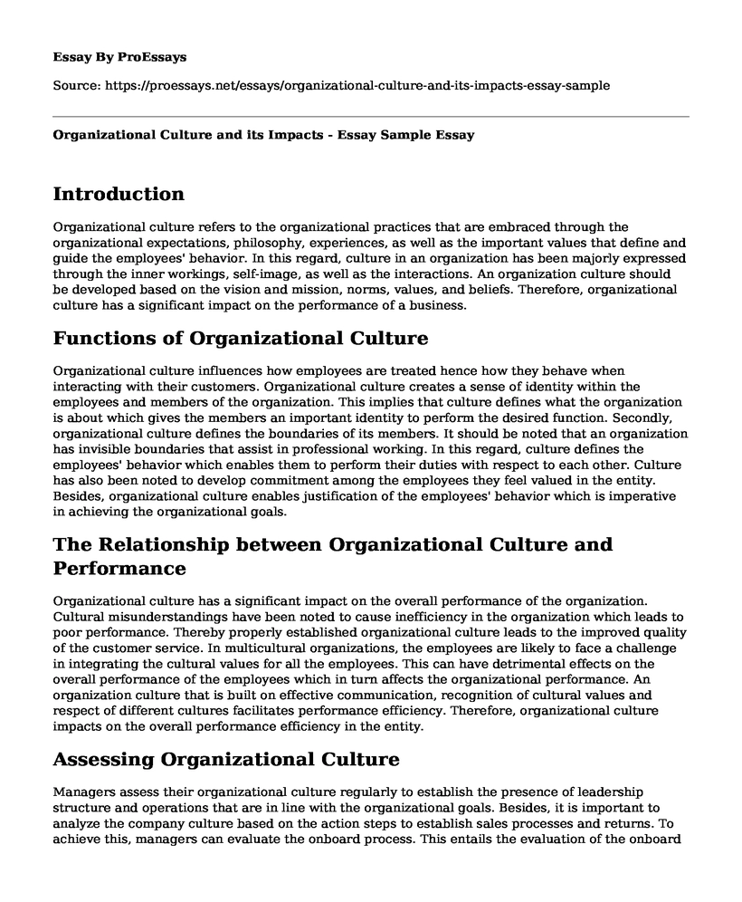 Organizational Culture and its Impacts - Essay Sample