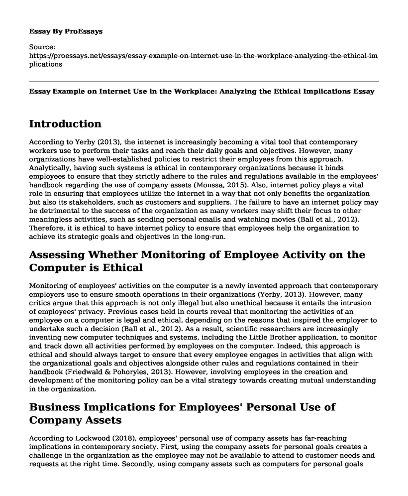 Essay Example on Internet Use in the Workplace: Analyzing the Ethical Implications