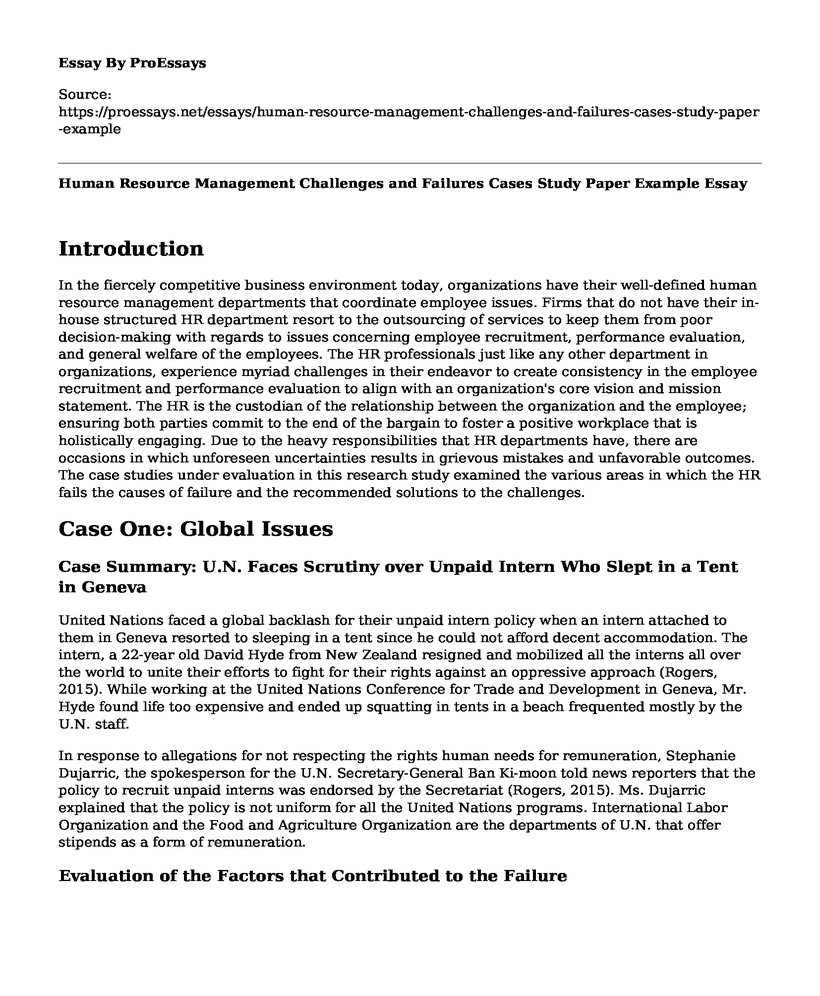 Human Resource Management Challenges and Failures Cases Study Paper Example