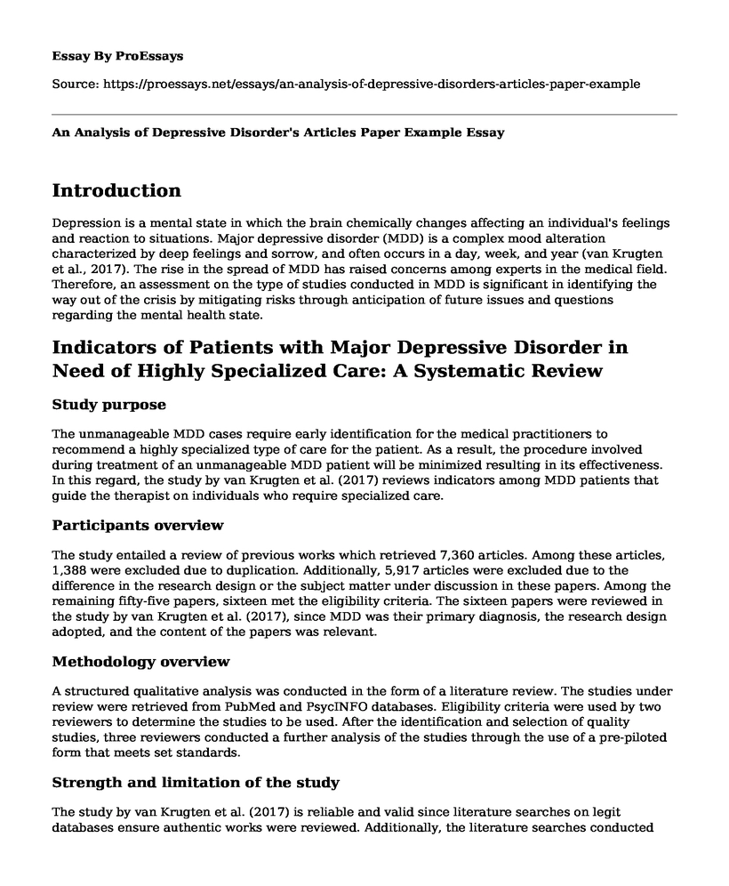An Analysis of Depressive Disorder's Articles Paper Example