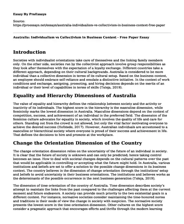 Australia: Individualism vs Collectivism in Business Context - Free Paper