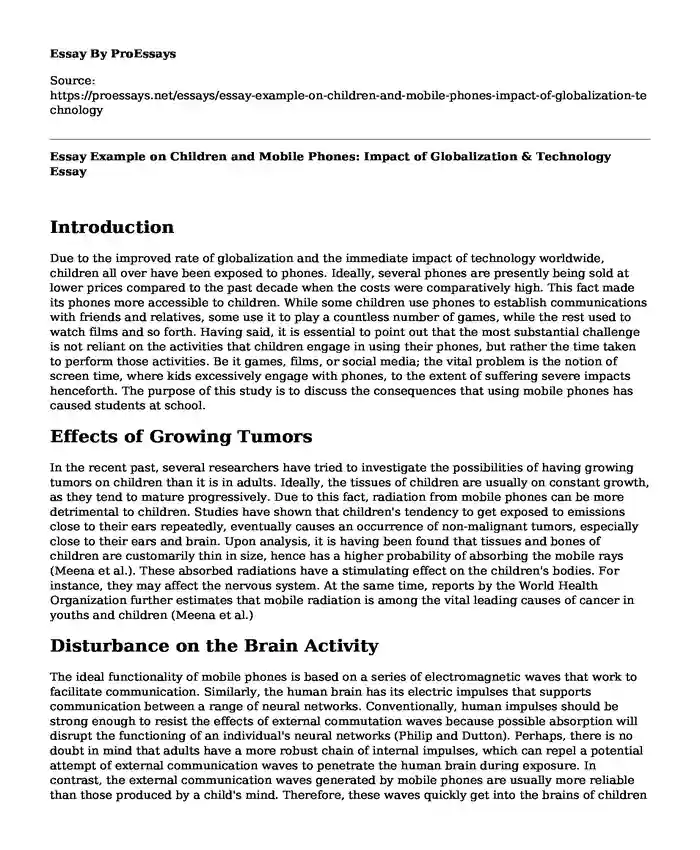 Essay Example on Children and Mobile Phones: Impact of Globalization & Technology