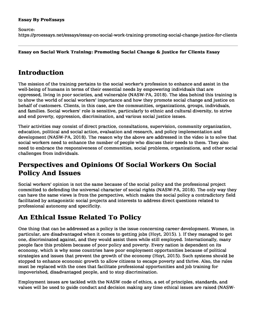 Essay on Social Work Training: Promoting Social Change & Justice for Clients