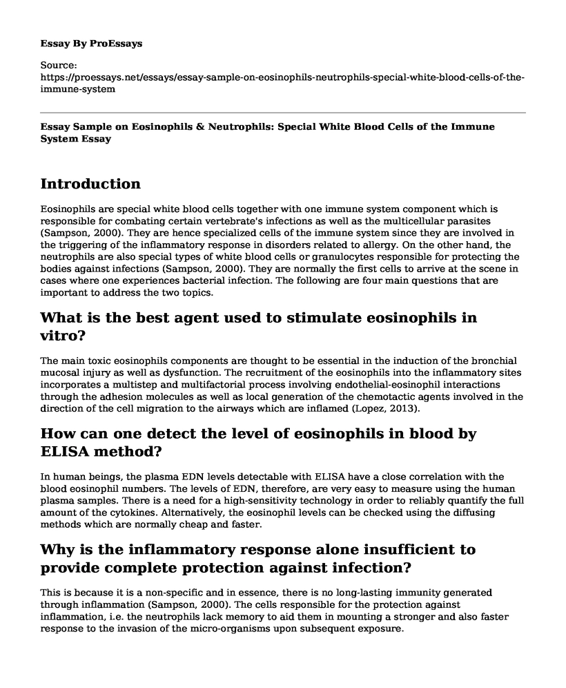 Essay Sample on Eosinophils & Neutrophils: Special White Blood Cells of the Immune System