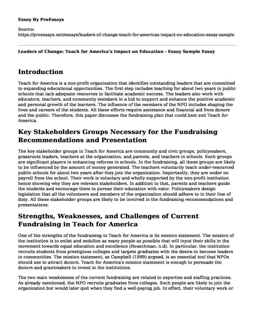 Leaders of Change: Teach for America's Impact on Education - Essay Sample