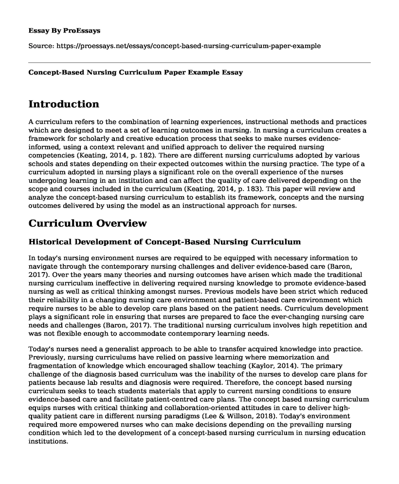 Concept-Based Nursing Curriculum Paper Example