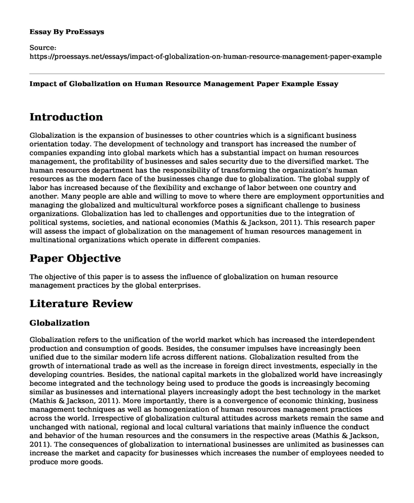 Impact of Globalization on Human Resource Management Paper Example