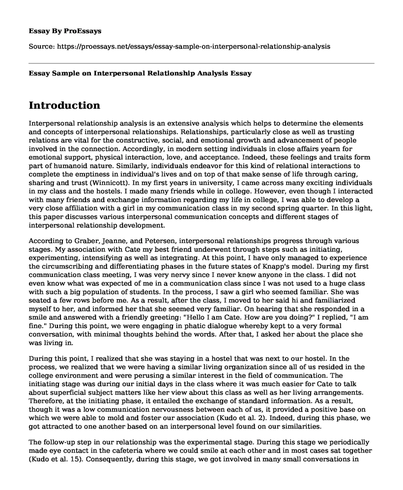 Essay Sample on Interpersonal Relationship Analysis 