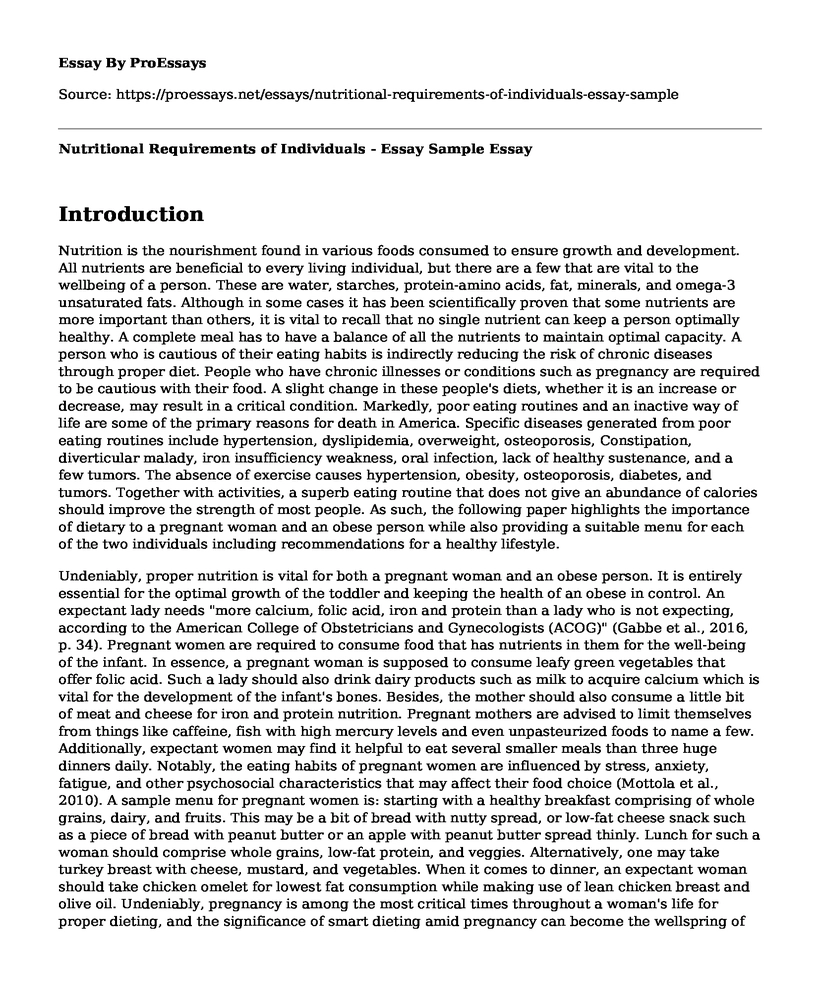 Nutritional Requirements of Individuals - Essay Sample