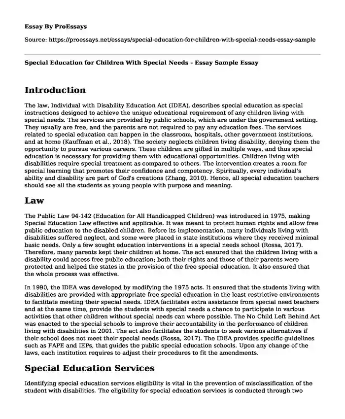 Special Education for Children With Special Needs - Essay Sample