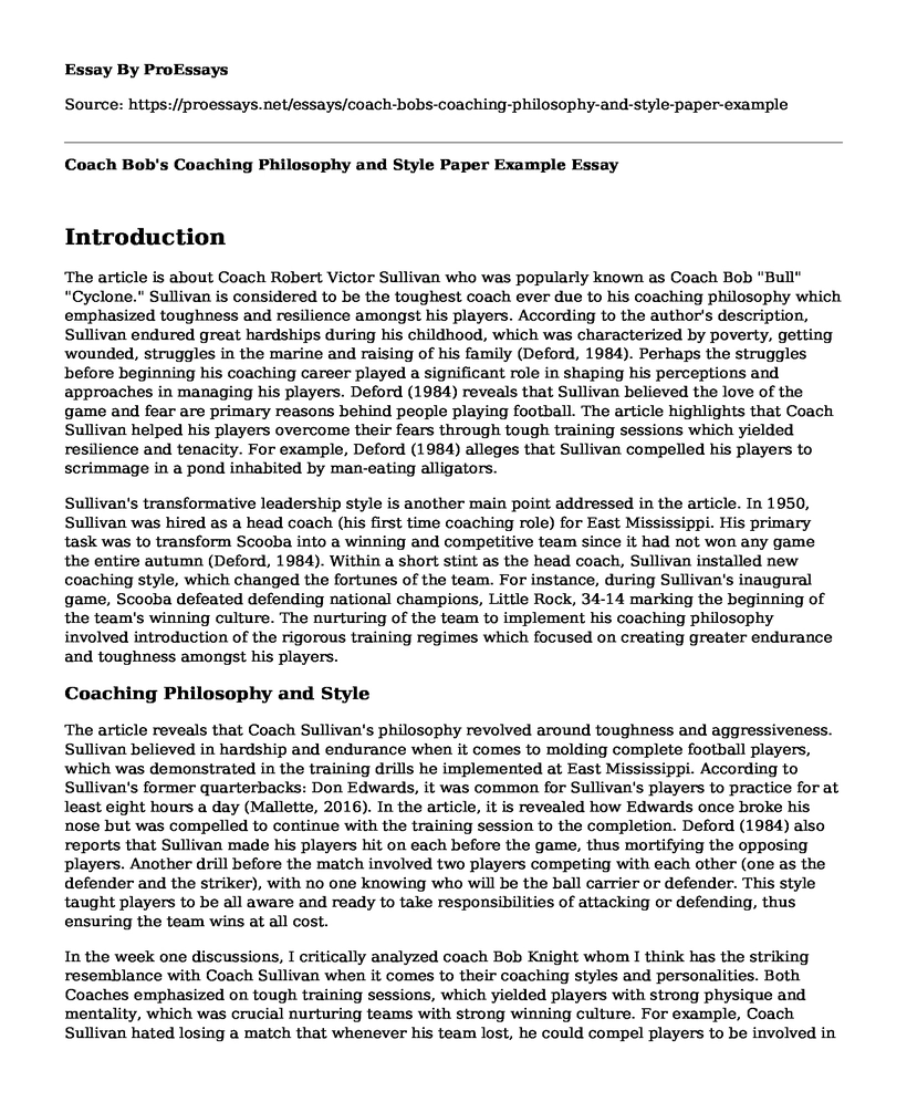 Coach Bob's Coaching Philosophy and Style Paper Example