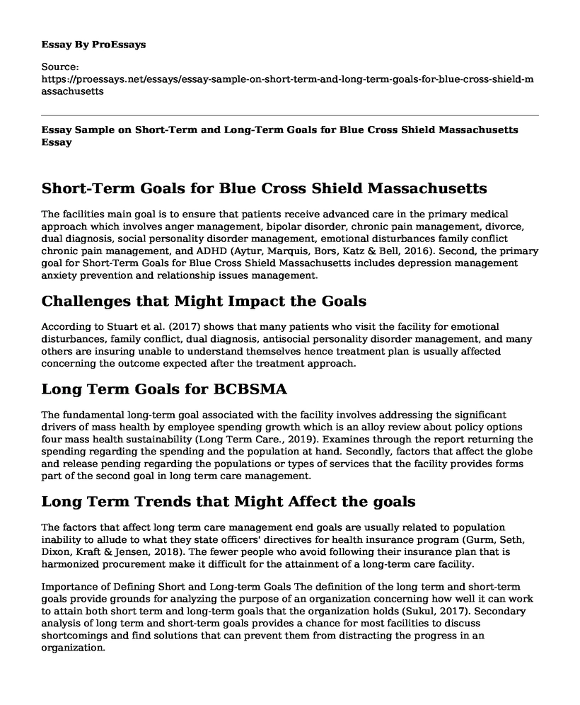 Essay Sample on Short-Term and Long-Term Goals for Blue Cross Shield Massachusetts