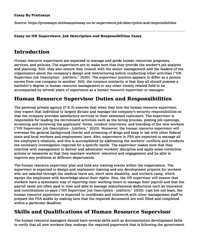 Essay on HR Supervisors: Job Description and Responsibilities