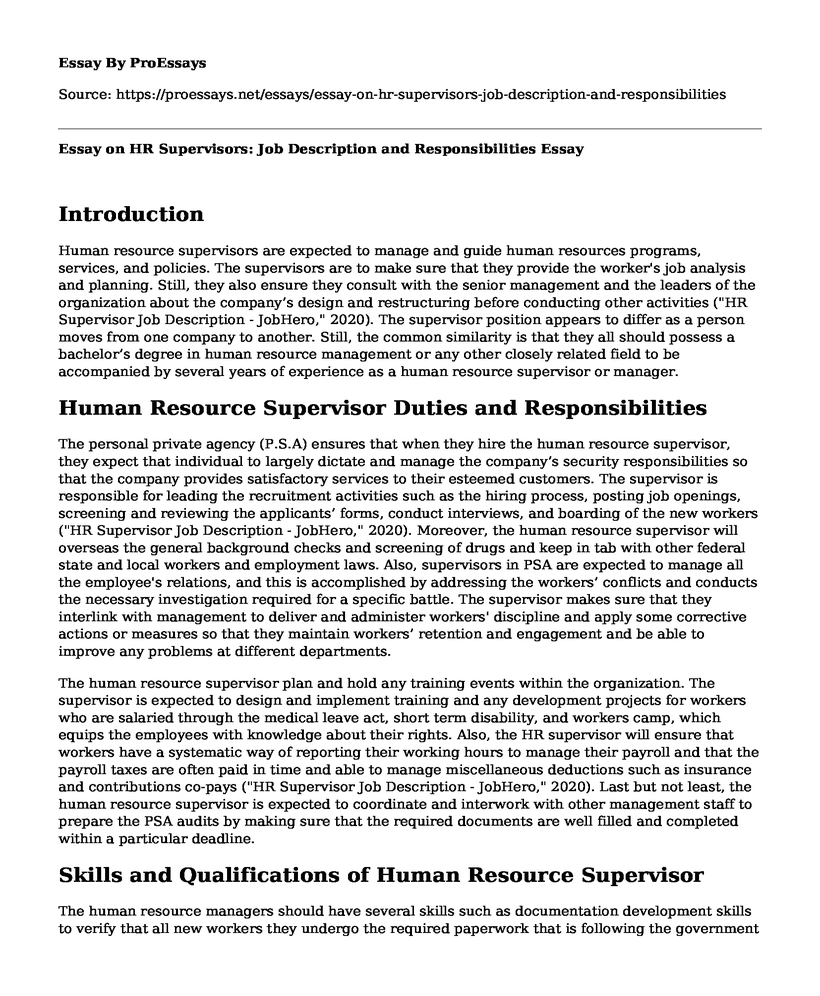  Essay On HR Supervisors Job Description And Responsibilities Free 